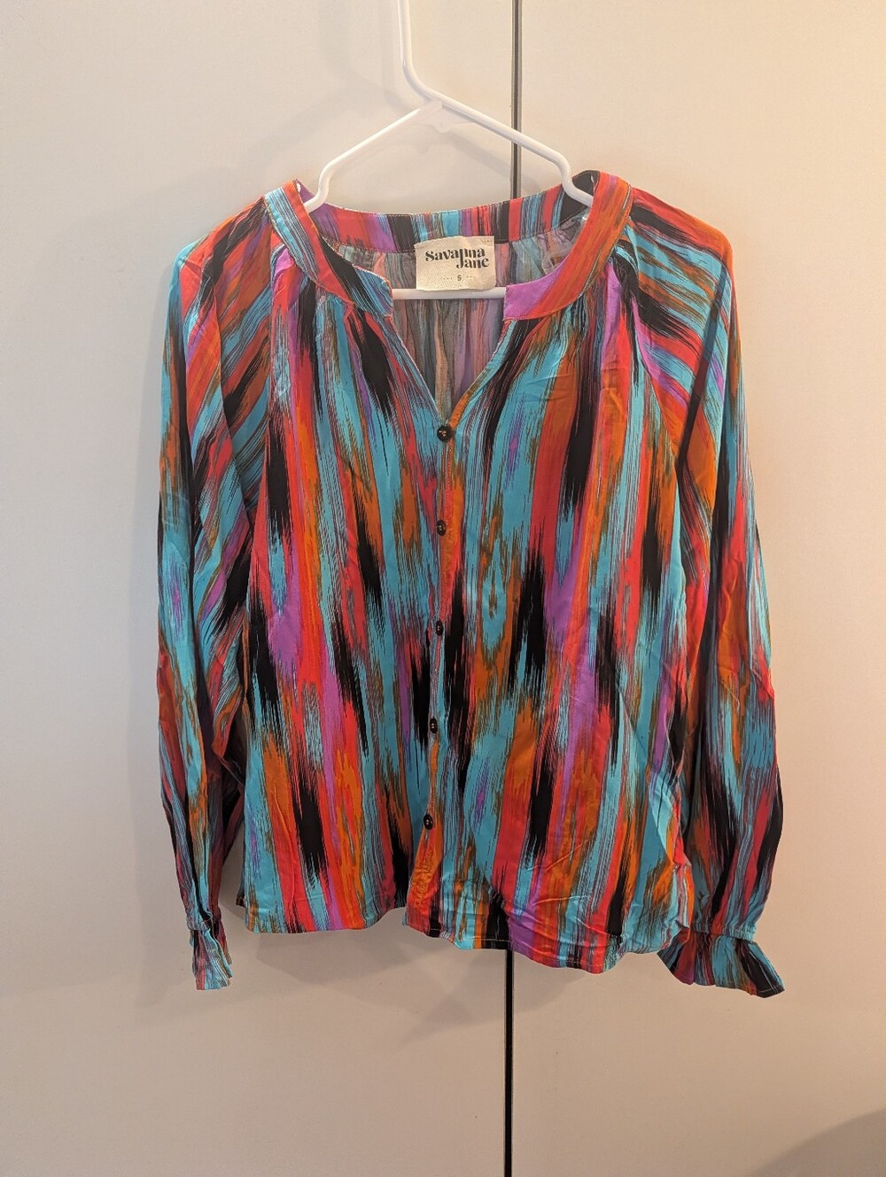 Savannah Jane S Vibrant Turquoise Coral Purple/Black Striped Button-Down Blouse